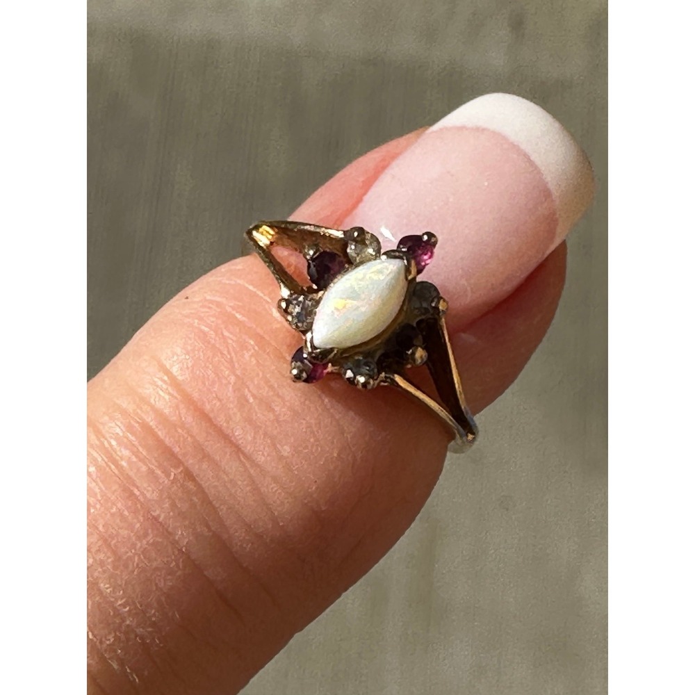 Vintage Ruby Opal Diamond Ring 14K Yellow Gold Size 3.5